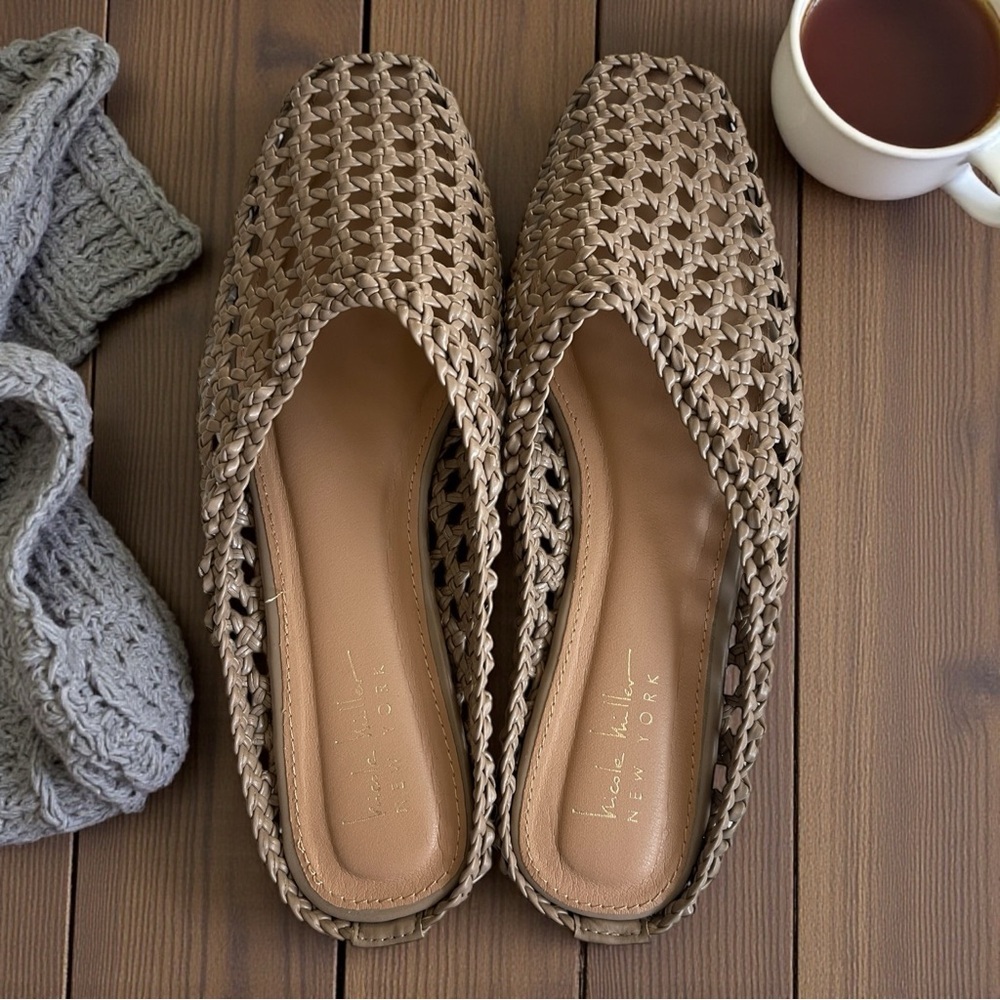 Nicole Miller Woven Slip-On Mules Women’s Size 10 Beige Braided Flats Boho Chic - Picture 2 of 5
